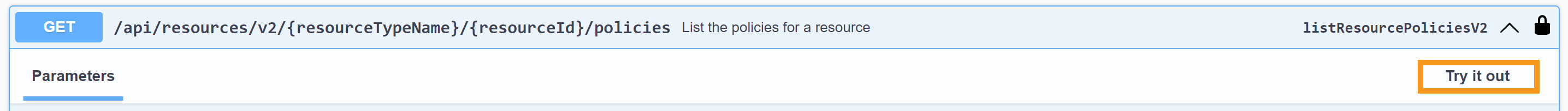 Screenshot of the listResourcePoliciesV2 Swagger endpoint with the 'Try it out' button highlighted in orange.