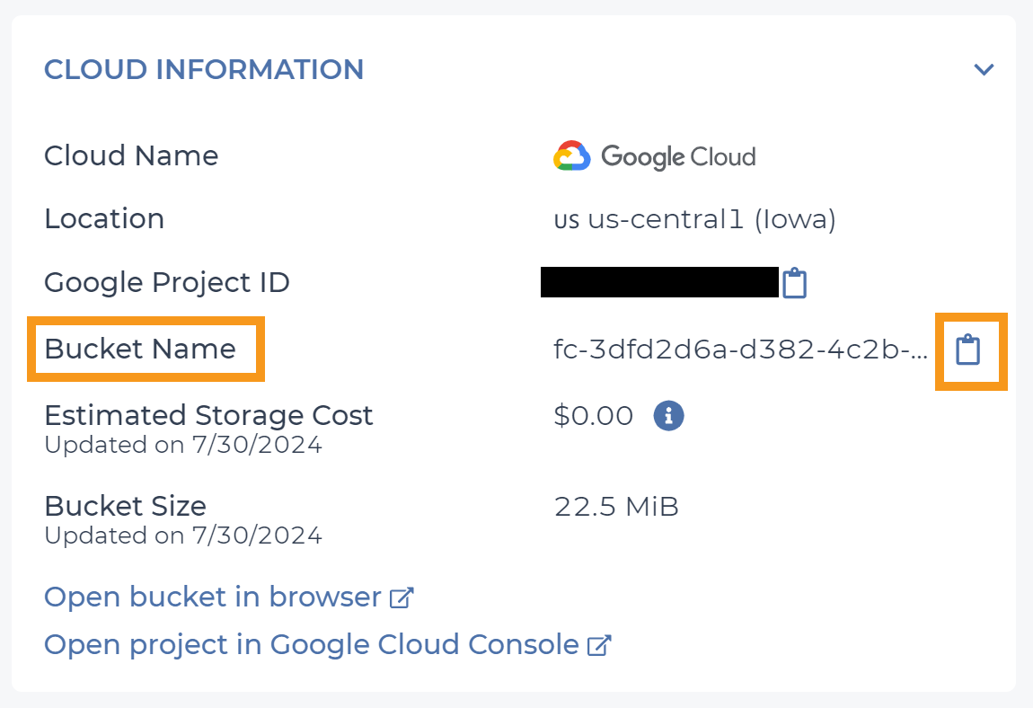 Screenshot of the Cloud Information section from an example workspace's Dashboard. Orange boxes highlight the workspace's bucket name and the clipboard icon used to copy the bucket name.