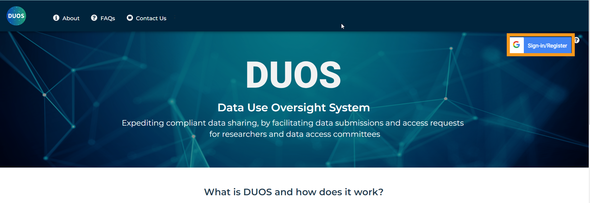 Screenshot of the DUOS homepage. An orange box highlights the 'sign-in/register' button at the top right.