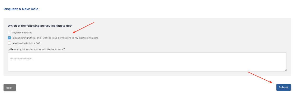 Screenshot showing the menu to request a new role on DUOS. Red arrows highlight the checkbox that says 'I am a signing official and I want to issue permissions to my institution's users' and the 'Submit' button.