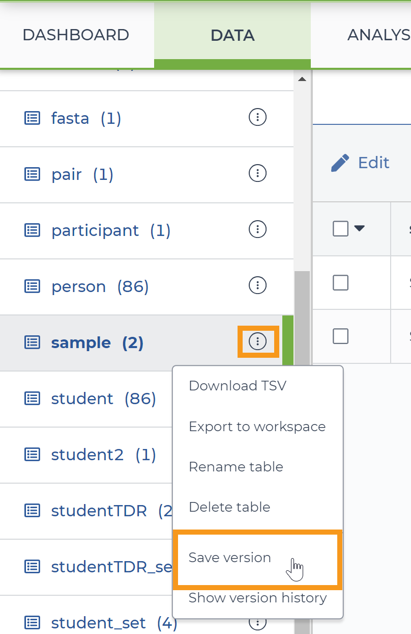 Screenshot of the tables in the Data tab of an example workspace. An orange box highlights the menu icon (circle with three dots) for the 'sample' table. Another orange box highlights the 'Save version' option in the table menu that appears when someone clicks on the table's menu icon.