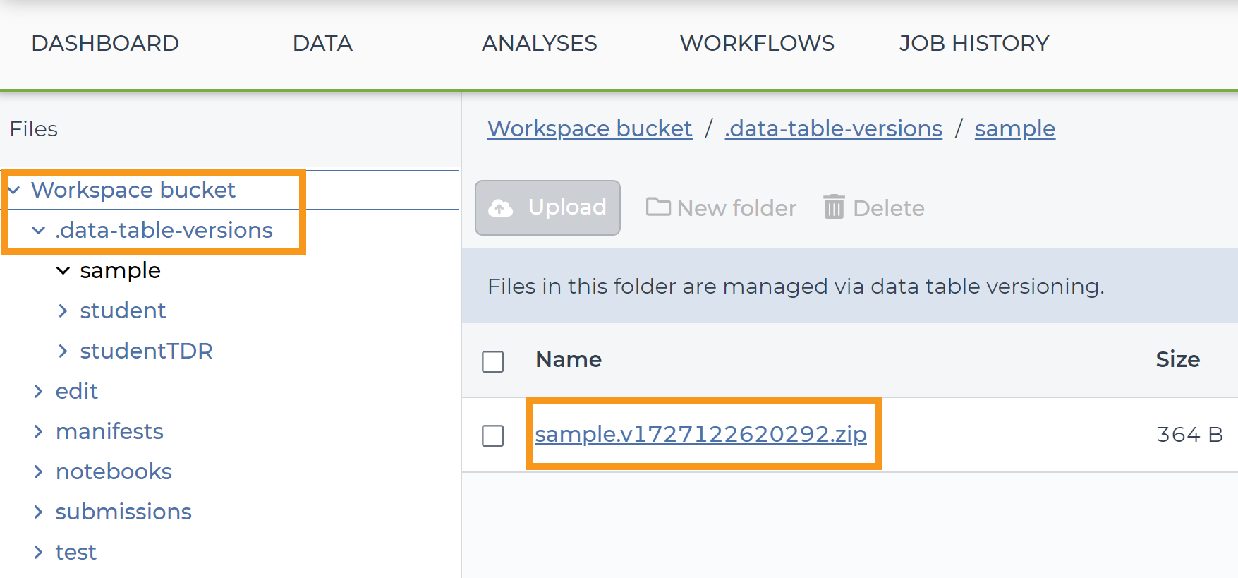Screenshot showing the downloadable .zip files for a specific table version in the workspace's file explorer.