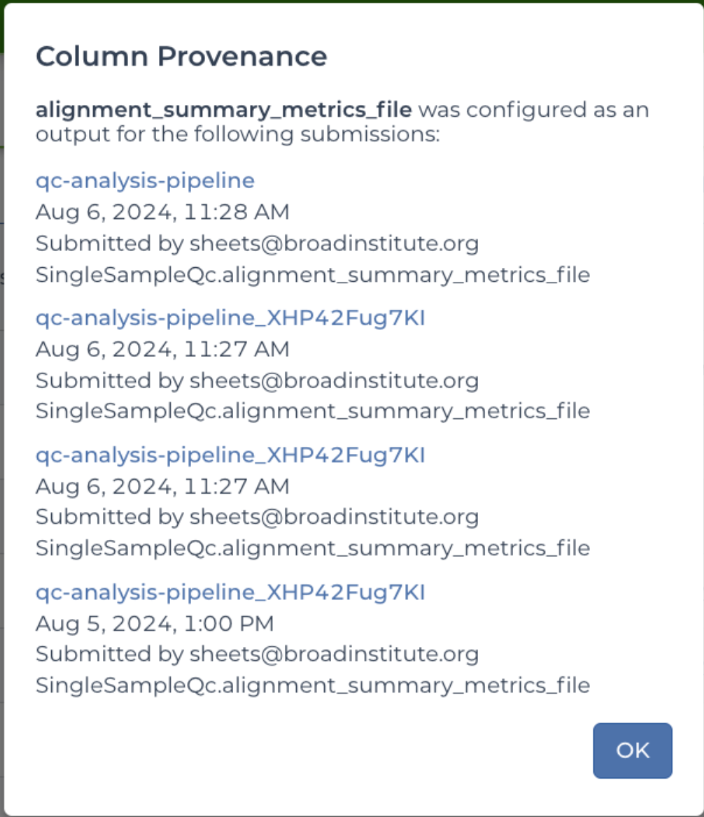 Screenshot of the provenance for an example data table column.