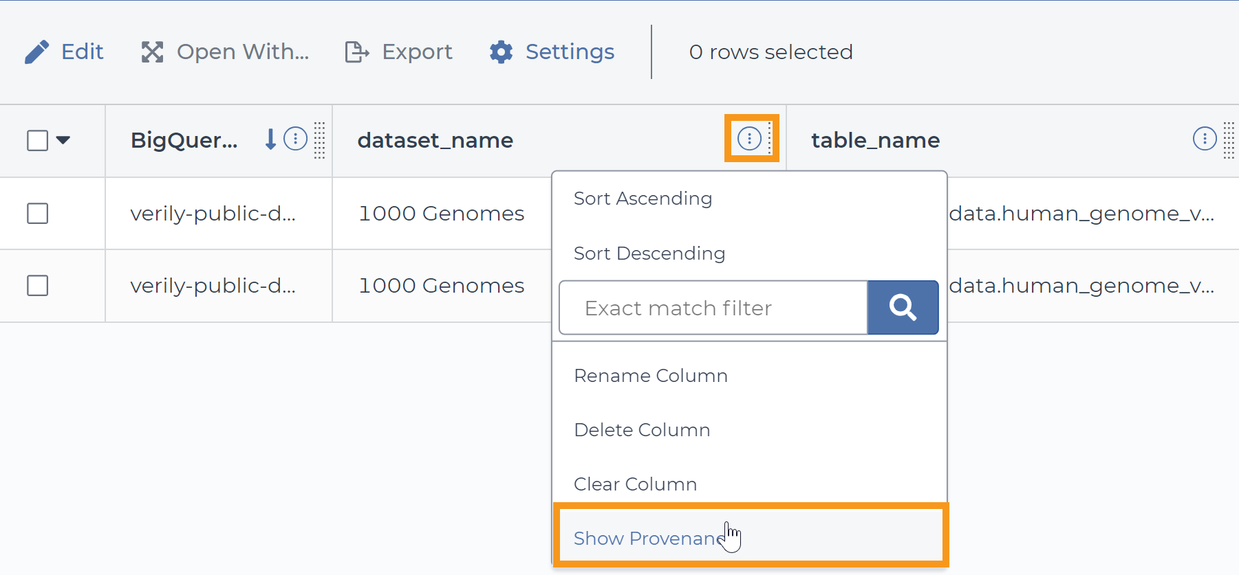 Screenshot showing how to show a data table column's provenance. An orange box highlights the column's menu icon (circle with three dots inside) and another orange box highlights the 'show provenance' option in the resulting menu.
