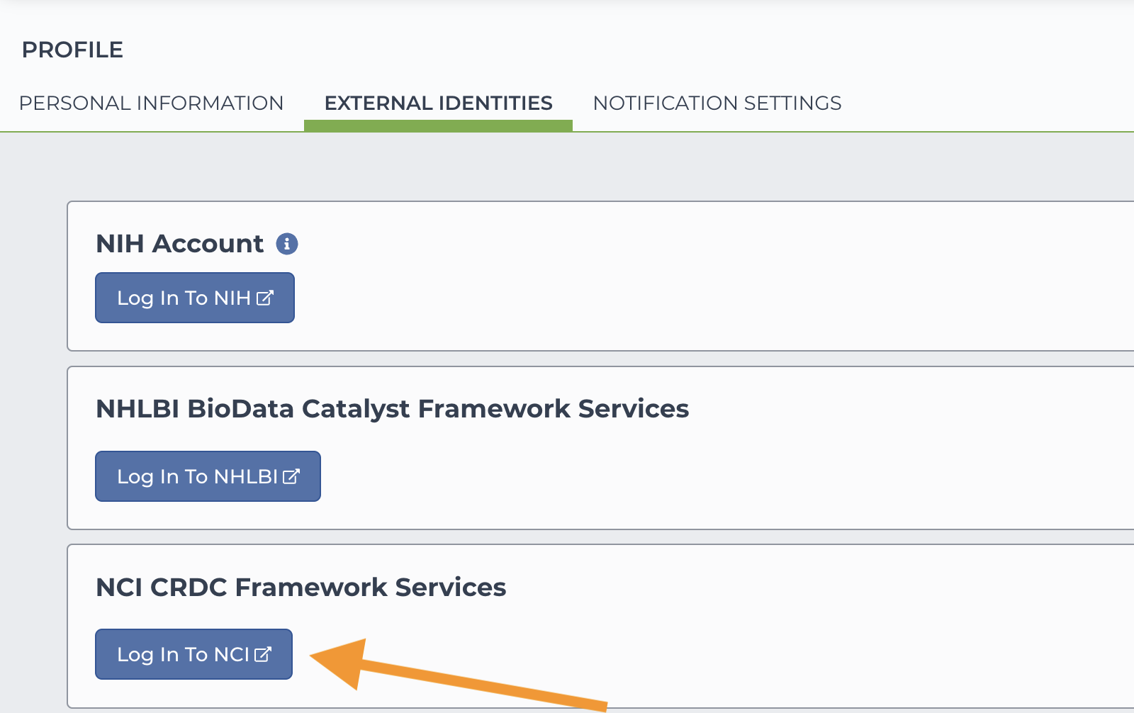 Screenshot-of-external-identities-tab-with-arrow-to-NCI-CRDC-Framework-services-login-button.png