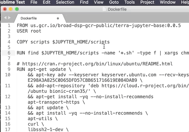 screen capture of finding the line containing the code R -e 'BiocManager::install(c( using the search function in the Edit menu, adding a new line with the code edgeR, and saving the Dockerfile by selecting save from the File menu.