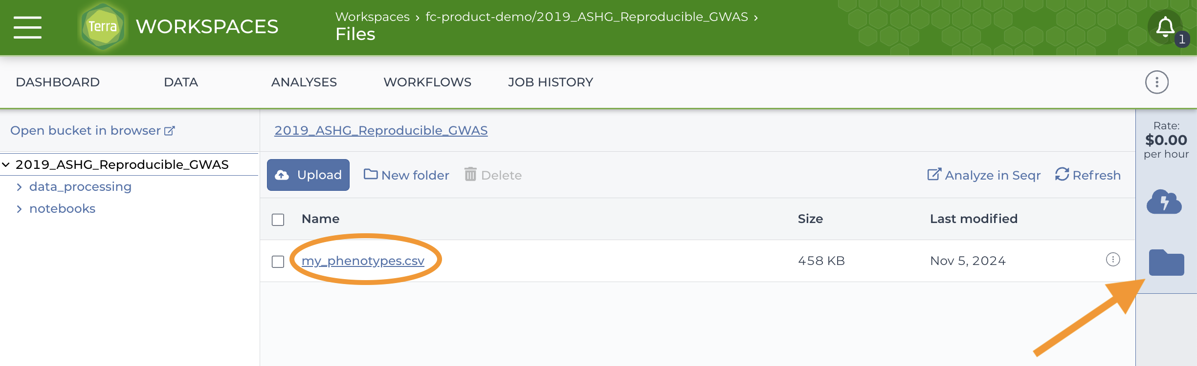 Screenshot-of-Files-directory-with-arrow-pointing-to-file-icon-in-right-sidebar-and-circle-around-csv-file-in-Bucket.png
