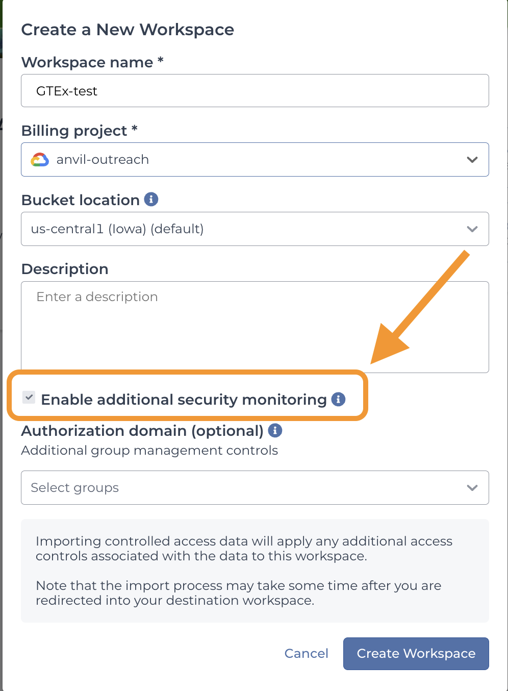 DUOS-access-GTEx-data_Screenshot-of-Create-a-new-workspace-form-with-enable-additional-security-monitoring-highlighted.png