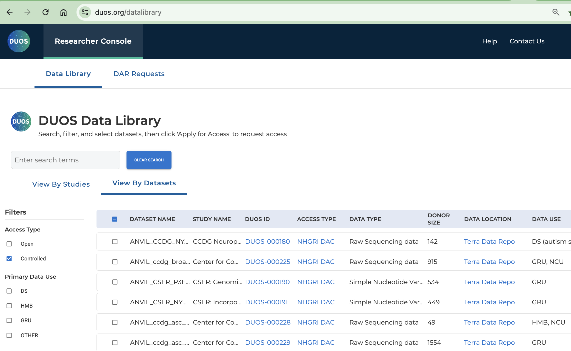 How-to-access-GTEx-data-in-Terra_Screenshot-of-DUOS-data-library-with-controlled-data-selected.png