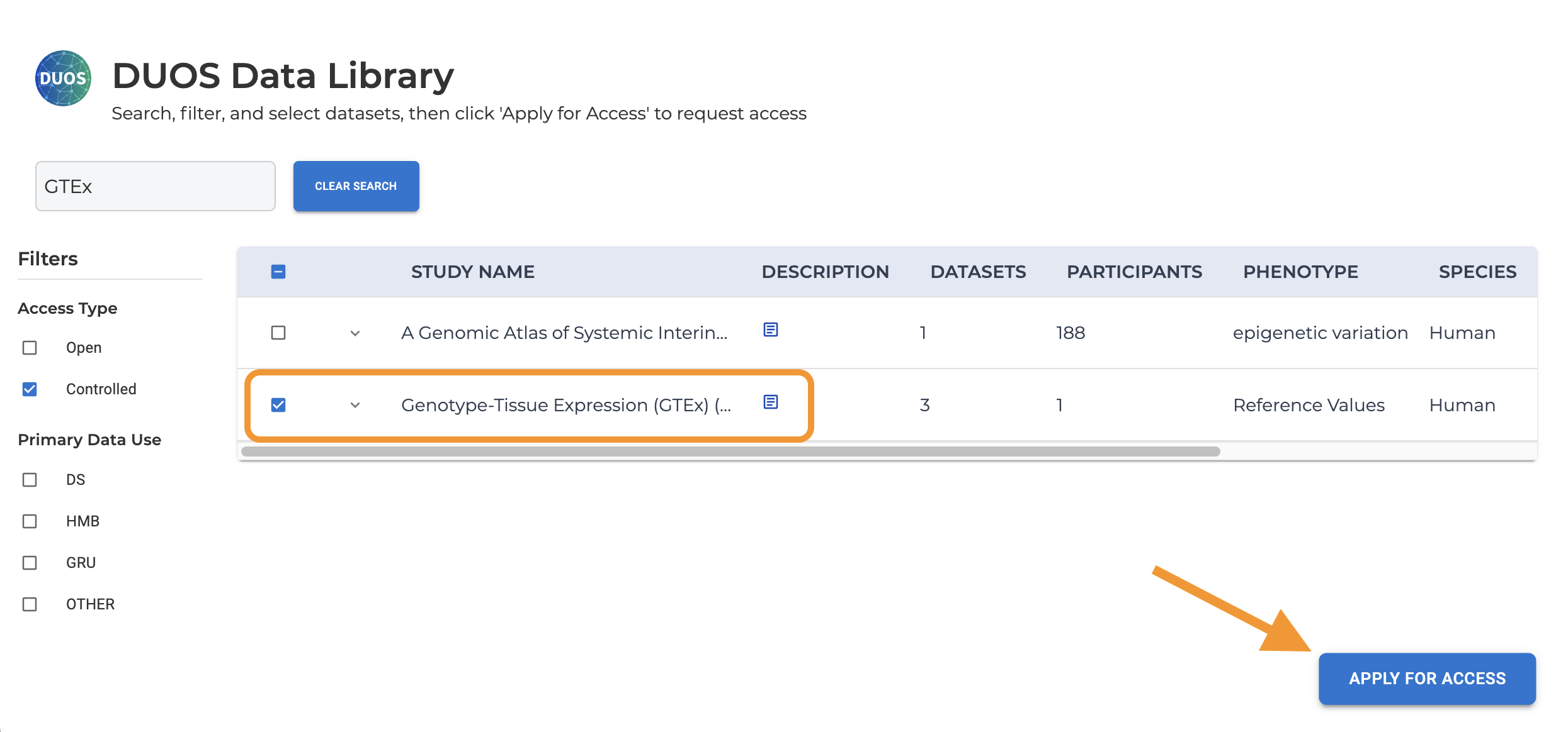 DUOS_Screenshot-of-GTEx-dataset-selected-in-data-library-and-an-arrow-pointing-to-the-apply-for-access-button-at-bottom-right.png