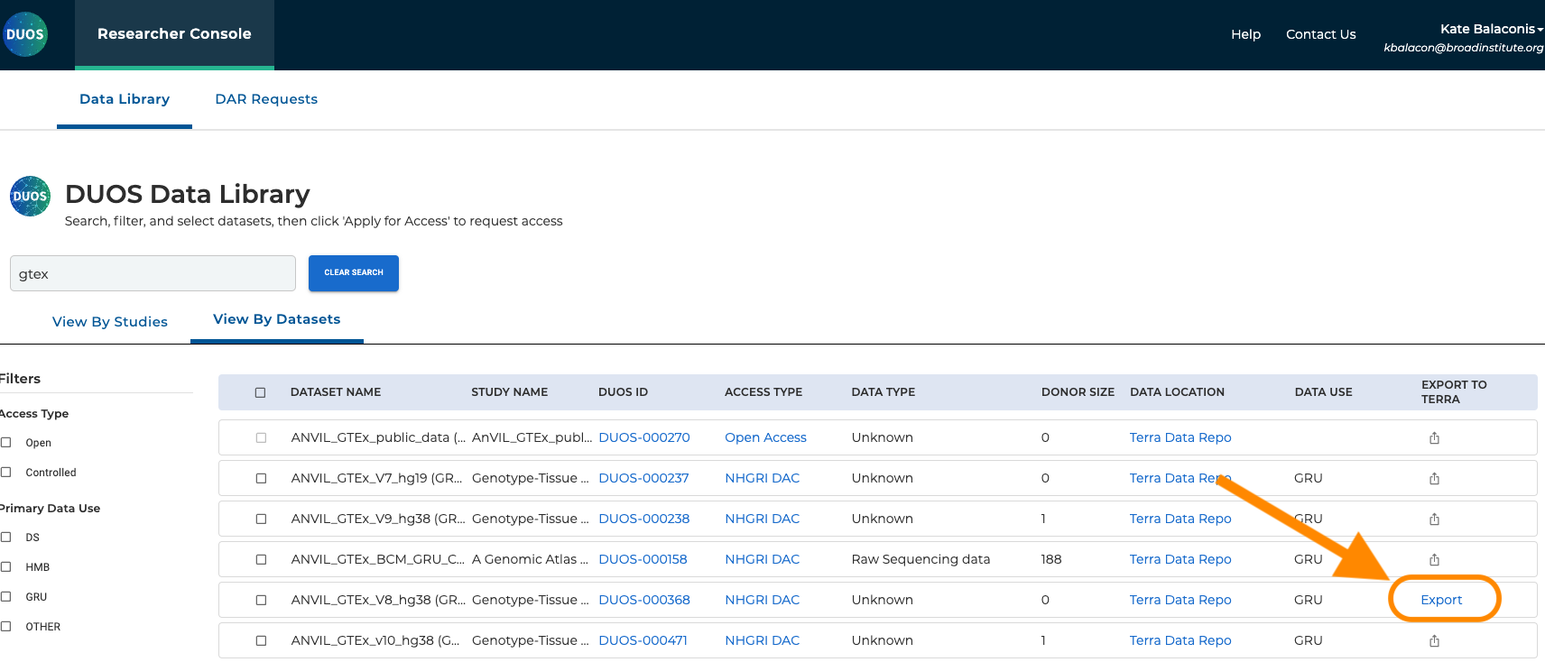 Access-GTEx-with-DUOS_Screenshot-of-data-library-with-export-link-highlighted.png