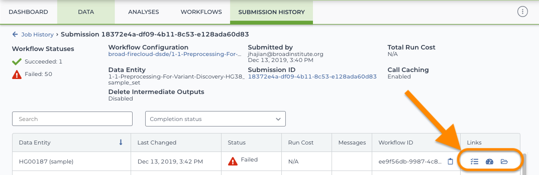 Screenshot of the job history page for a failed workflow. The red exclamation point failed icon is in the status column of the HG00187 (sample) row and there is an arrow pointing to the icons for the backend log, dashboard and backend log directory icons at the far right of the row