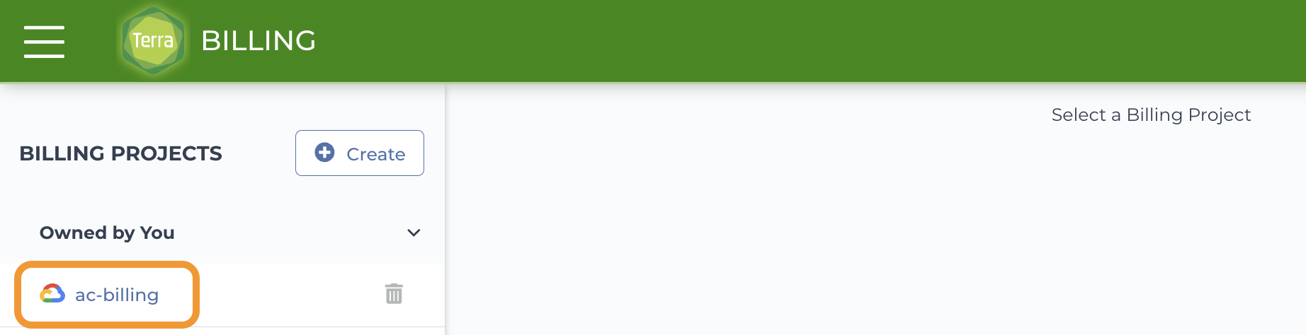 Set-up-spend-reporting_Screenshot-of-billing-page-with-Terra-billing-project-ac-billing-circled-under-owned-by-you.png