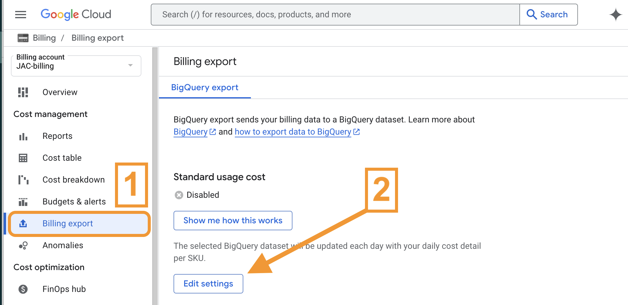 Screenshot-of-billing-export-page-with-the-number-one-by-billing-export-at-left-and-the-number-two-poiinting-to-the-standard-usage-cost-edit-settings-button.png