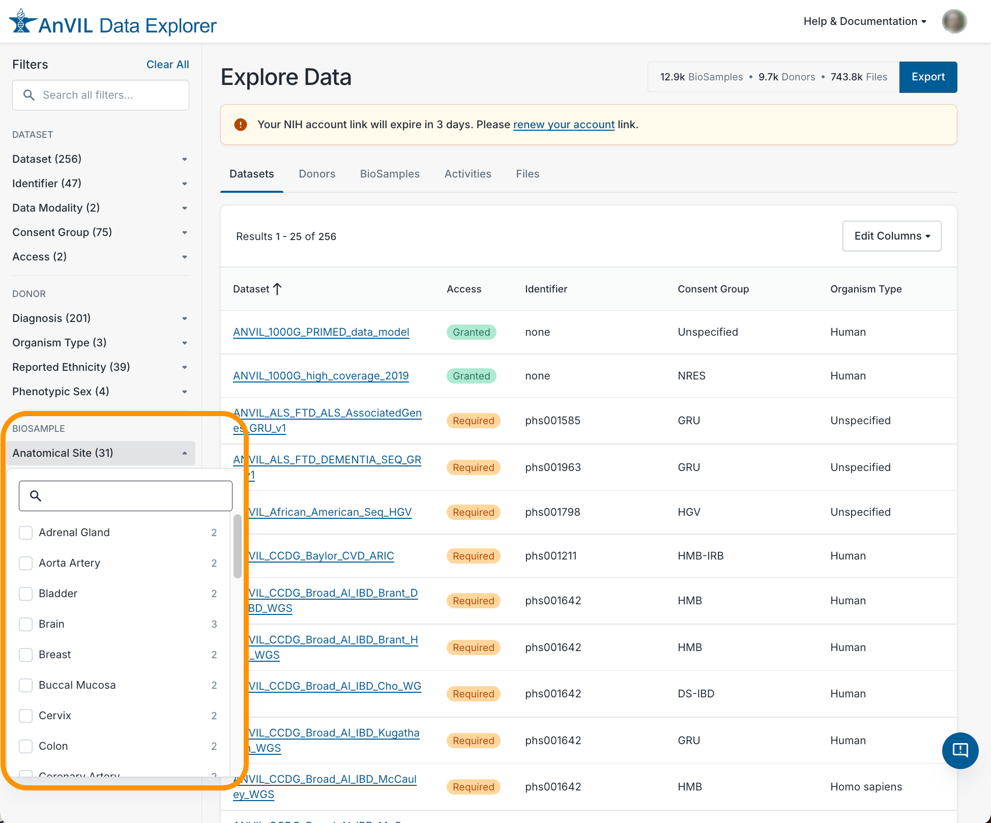 AnVIL-Data-Explorer-Guide_Screenshot-of-expanded-options-under-Anatomical-site-highlighted-in-bottom-left-corner-of-Explore-Data-page.png