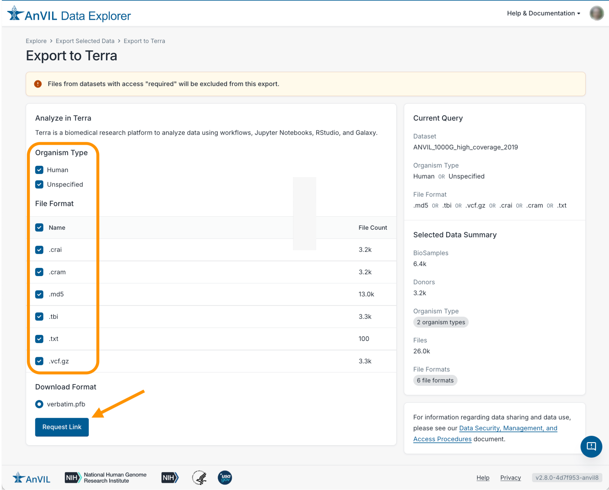 AnVIL-Data-Explorer-Guide_Screenshot-of-Export-to-Terra-page-with-circle-around-organism-type-and-file-format-checkboxes-all-checked-and-arrow-pointing-to-the-Request-Link-button.png