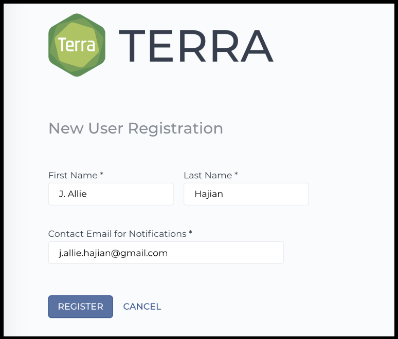 Screenshot of new user registration with fields for first name, last name, and contact email.