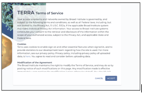 Screenshot of the Terra terms of service with a blue accept button at the bottom right