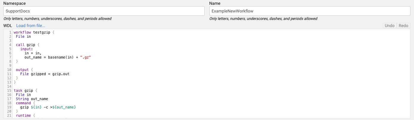 screenshot of create workflow screen with fields for the workspace namespace and name and an editable field with the WDL code