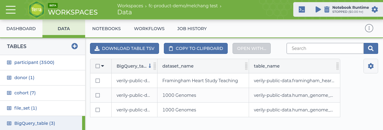 Screenshot of Data page with cohort table highlighted (left column) and three BigQuery data sources in the table