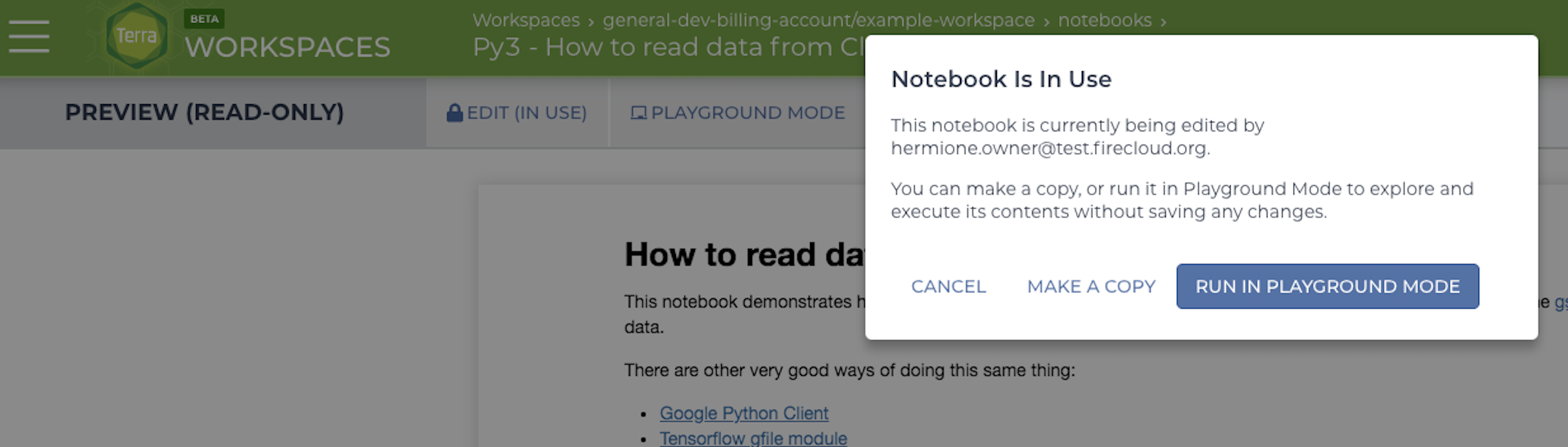 A screenshot of a 'Notebook is in use' popup, giving the option to run in playground mode.