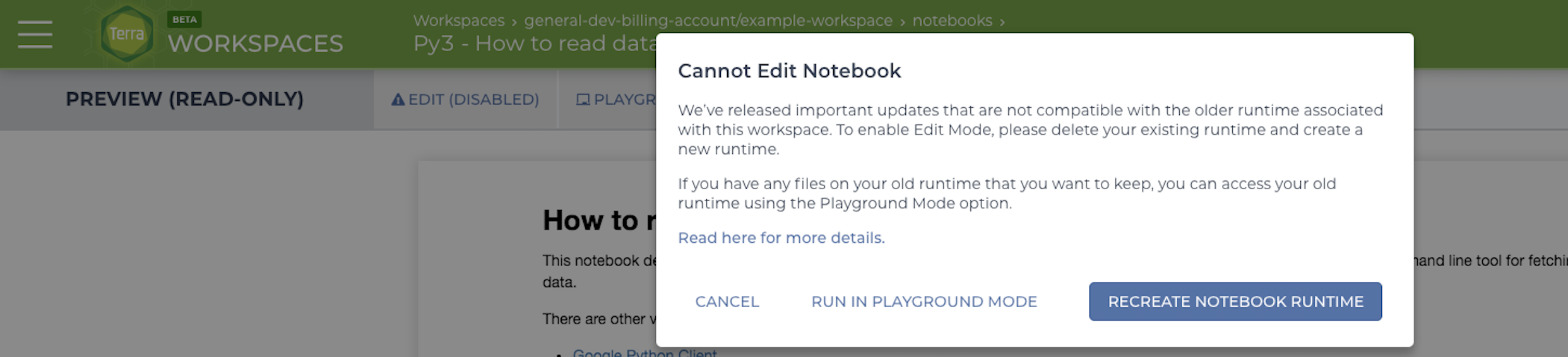 An alert popup indicating that the user cannot run the notebook because it is not compatible with modern runtimes. An option is given to recreate the notebook runtime.