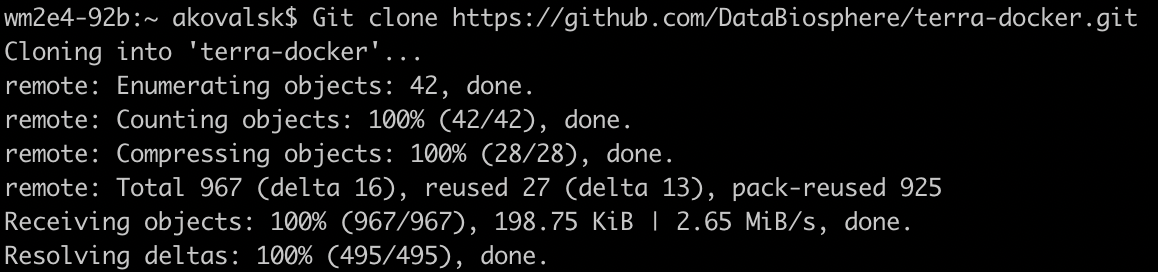 Screenshot of terminal with output of Git clone command including cloning into 'terra docker'... Remote: enumerating objects: 42. Done. Remote: Counting objects: 100% (42/42)