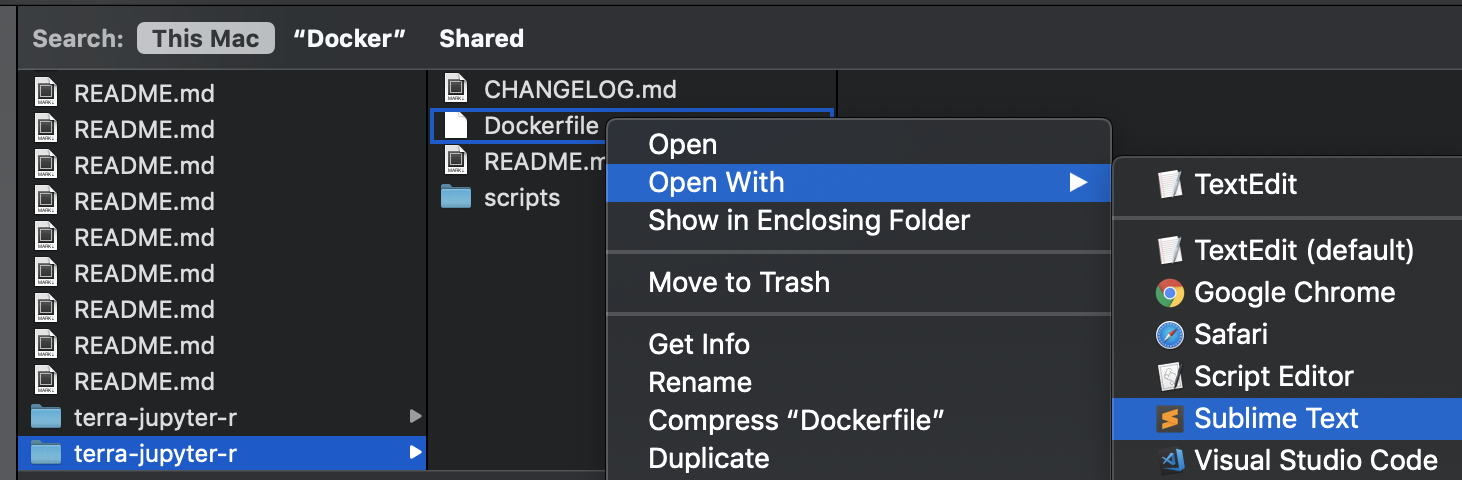 ScreenShot of finder window showing Dockerfile in the terra-jupyter-r directory with the option to open with sublime selected.