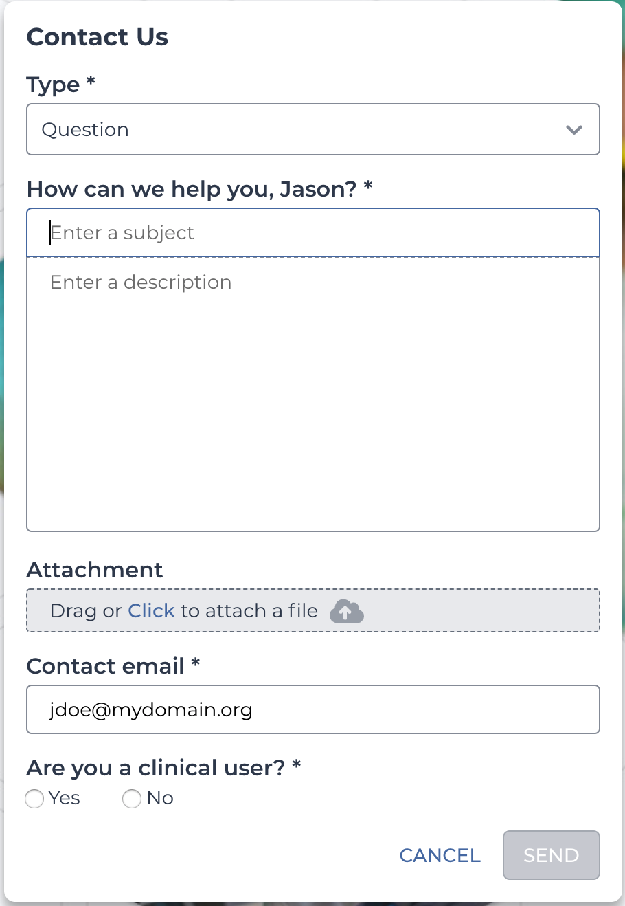 The contact us form, with a dropdown for the type of questions, fields for the subject and main email content, an option to add an attachment, your contact email, and whether you are a clinical user.