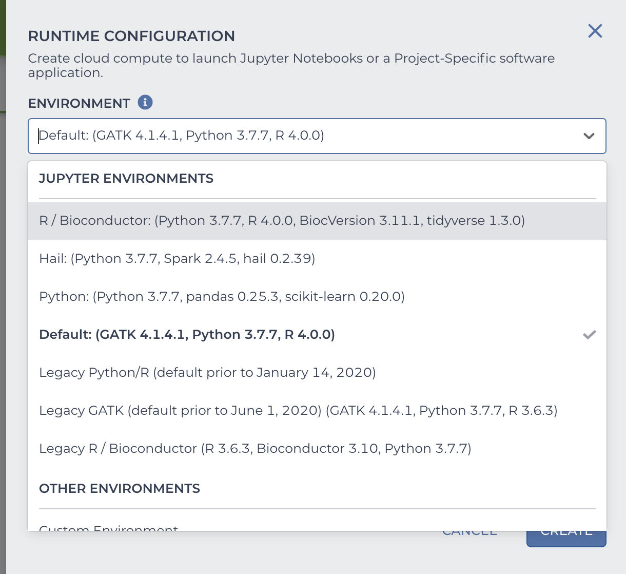 Screenshot of runtime section in the Cloud Environment configuration form with the preconfigured bioconductor selected from the Jupyter Environment dropdown.