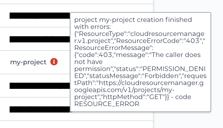 Screenshot of red i icon next to my-project and error message text described below