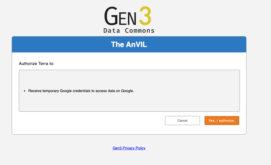 Screenshot of AnVIL instance on Google login page