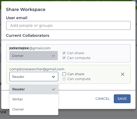 Screenshot of workspace sharing modal