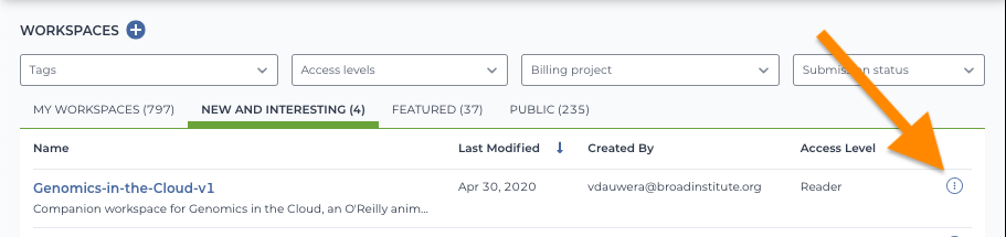 Screenshot of Workspaces page with three vertical dot icon to the right of a workspace name highlighted