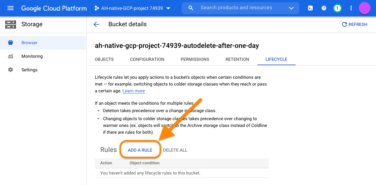 Screenshot of Google Cloud storage page with 'Add a rule' tab highlighted