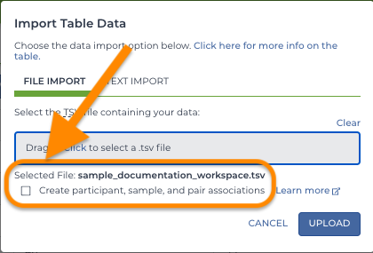 Screenshot of Import data table with 'Create participant, sample, and pair associations' checkbox (selected) highlighted