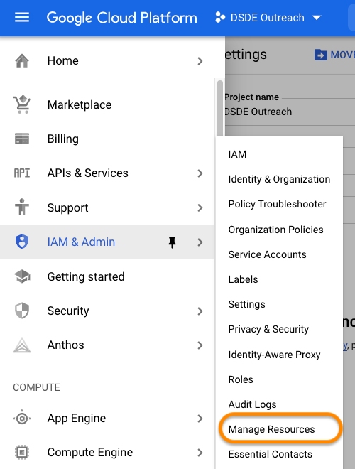 screenshot of Google Cloud features page with Manage Resources highlighted