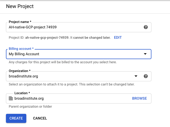Screenshot of Google Cloud new project pane for entering new project details