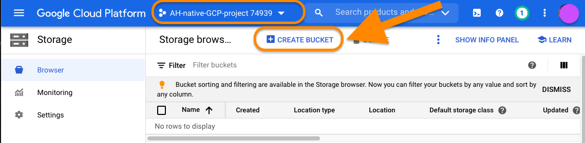 screenshot of Google Cloud page gighlighting the project name in the top menu and pointing to the 'Create bucket' button below the project name