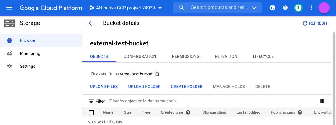 Screenshot of newly created external bucket in Google cloud console