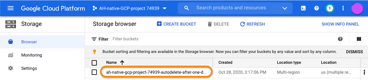 Screenshot of Google Cloud storage page with bucket name highlighted