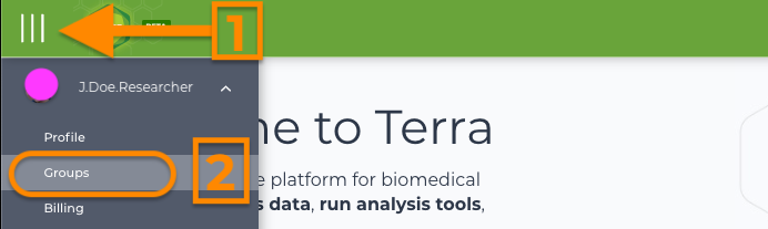 Screenshot of the app.terra.bio landing page with an arrow and number one pointing to the three parallel line action icon at the top left and a circle and a number 2 highlighting the groups option under the user profile.