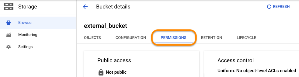 Screenshot of permissions tab in the bucket details page for external-bucket on GCP console