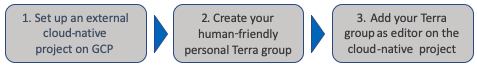 Diagram of three steps showing how to access advanced Google Cloud-features: 1. Set up an external cloud-native project on Google console 2. Create your human-friendly Terra managed group and 3. Add your group as editor on the Google project.