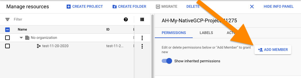 Screenshot of Google Cloud IAM Manage Resources page with 'Add Member' button highlighted
