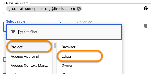 Screenshot  of Google Cloud page with project editor role selected.