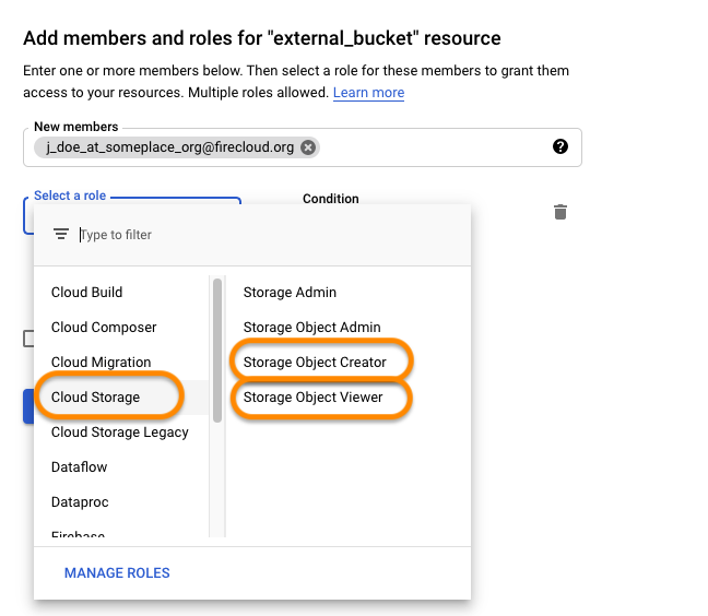 Screenshot of Select roles options in the Add members popup with Cloud storage circled in the first column and Storage object viewer and storage object creator circled in the right column
