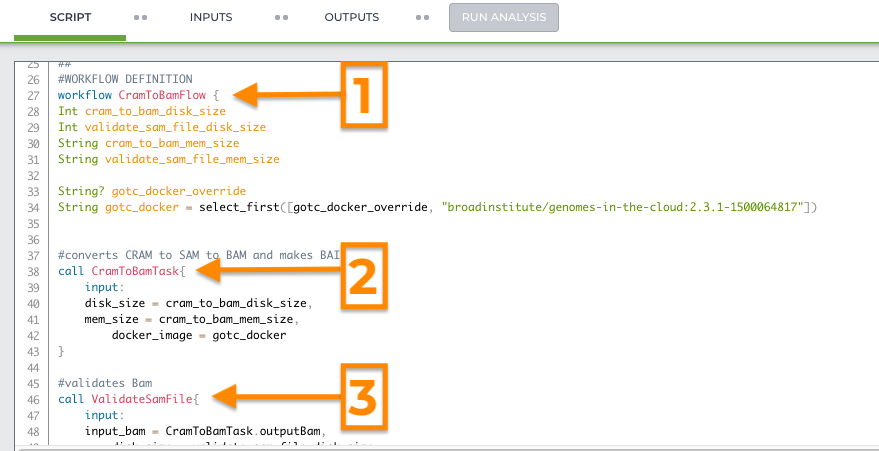 Screenshot of the WDL script for the Part1_CRAM-to-BAM workflow. Orange numbers and arrows highlight the workflow definition and two task definitions.