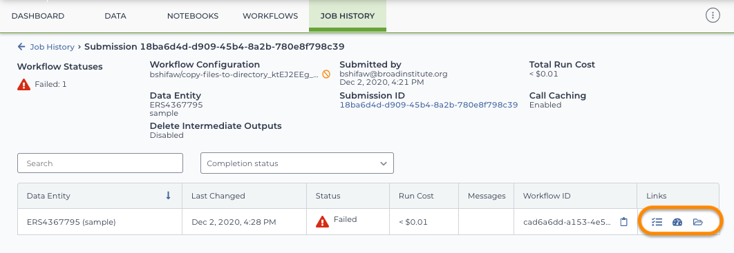 Screenshot of submission-level details in the Job History with icons for links to the Job Manager, Dashboard, and execution directory circled