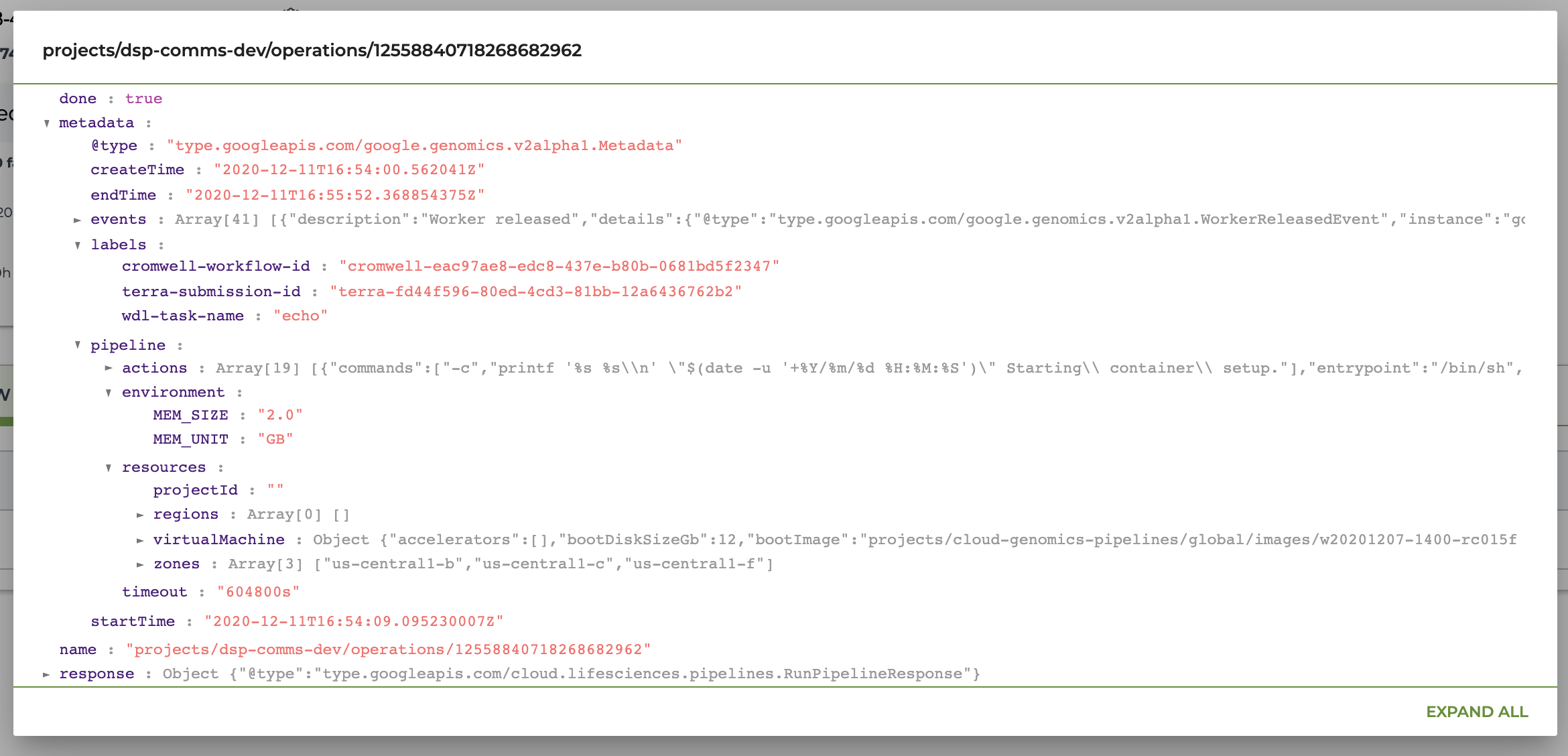 Screeenshot of  TaskName log in Terra UI